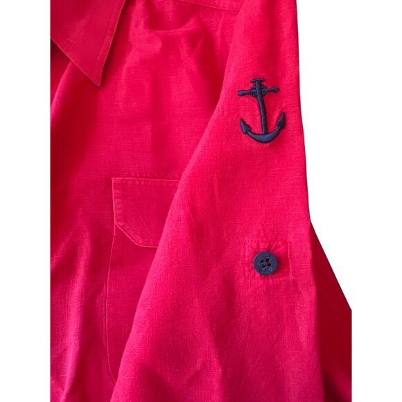 Red Linen Shirt Embroidered Anchor XL Nautical Preppy Old Money Roll Tab Sleeve - Picture 3 of 4